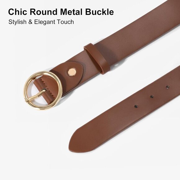 Women Leather Belt with Circle Gold Buckle Fashion Ladies Waist Belt Coffee Gold